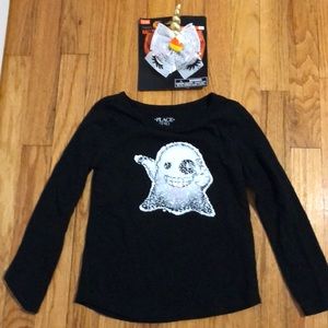 Children’s place flippable ghost Halloween long sleeve shirt 5/6 & candycorn bow